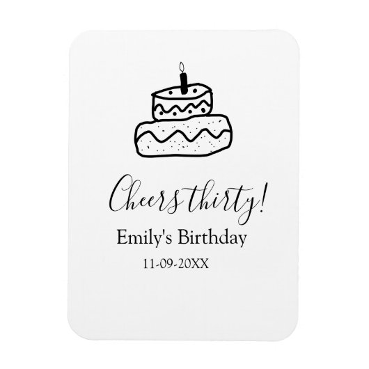Cheers thirty birthday cake black scribble hand magneet (Verticaal)