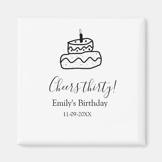 Cheers thirty birthday cake black scribble hand magneet (Voorkant)