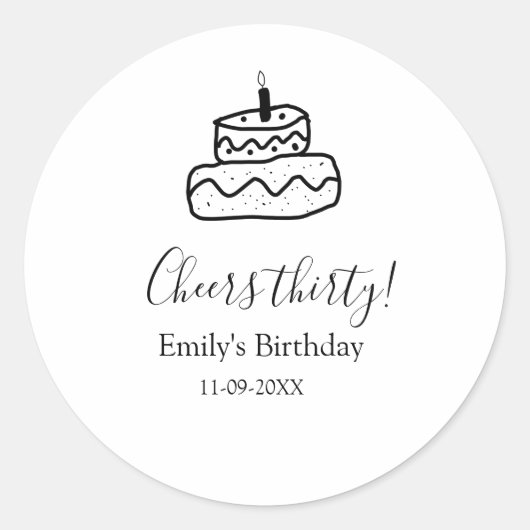 Cheers thirty birthday cake black scribble hand ronde sticker (Voorkant)