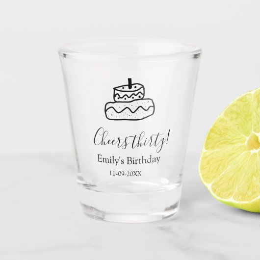 Cheers thirty birthday cake black scribble hand shot glas (Voorkant)
