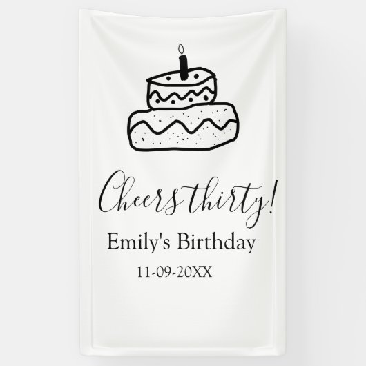 Cheers thirty birthday cake black scribble hand spandoek (Verticaal)