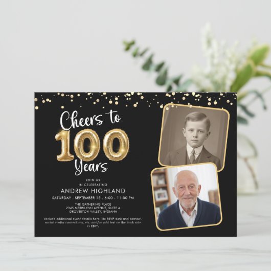 Cheers to 100 Years 2 Photos Script Balloon Kaart (Staand voorkant)