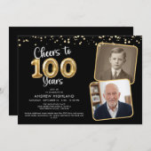 Cheers to 100 Years 2 Photos Script Balloon Kaart (Voorkant / Achterkant)