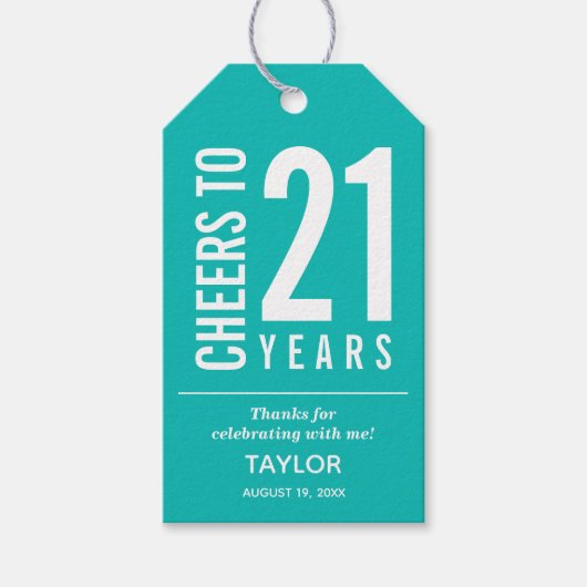 Cheers to 21 Years Turquoise Party Favor Cadeaulabel (Voorkant)