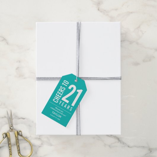 Cheers to 21 Years Turquoise Party Favor Cadeaulabel (Met Touw)