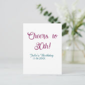 Cheers to 30th birthday name date mauve blue elega briefkaart (Staand voorkant)