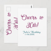 Cheers to 30th birthday name date mauve blue elega briefkaart (Voorkant / Achterkant)