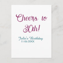 Cheers to 30th birthday name date mauve blue elega