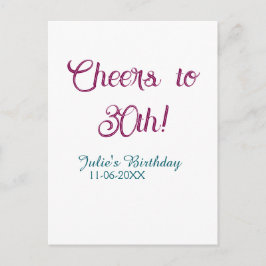 Cheers to 30th birthday name date mauve blue elega briefkaart
