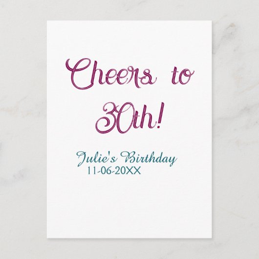 Cheers to 30th birthday name date mauve blue elega briefkaart (Voorkant)