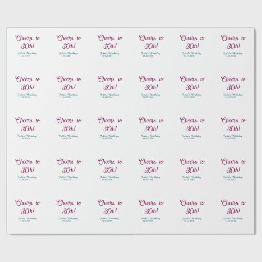 Cheers to 30th birthday name date mauve blue elega cadeaupapier (Vlak)