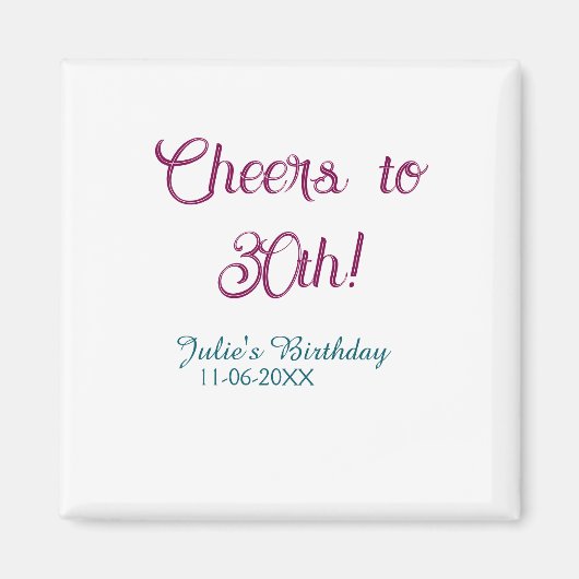 Cheers to 30th birthday name date mauve blue elega magneet (Voorkant)