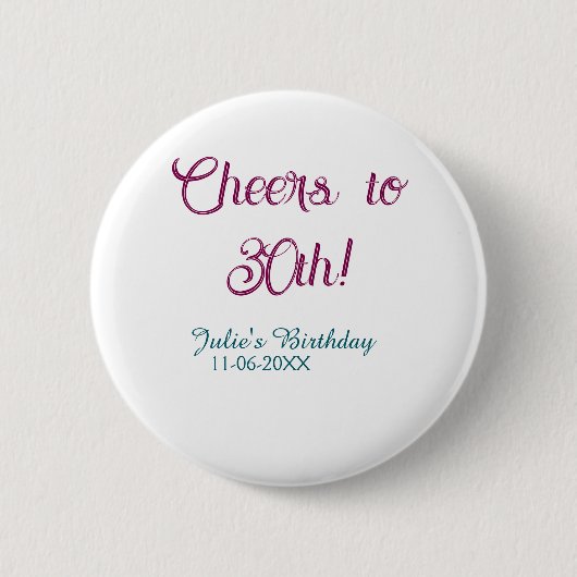 Cheers to 30th birthday name date mauve blue elega ronde button 5,7 cm (Voorkant)