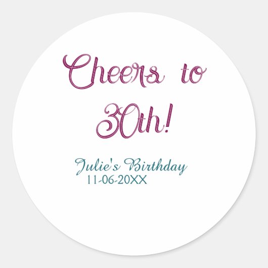 Cheers to 30th birthday name date mauve blue elega ronde sticker (Voorkant)