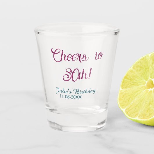 Cheers to 30th birthday name date mauve blue elega shot glas (Voorkant)