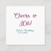 Cheers to 30th birthday name date mauve blue elega vierkante visitekaartje (Achterkant)