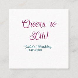 Cheers to 30th birthday name date mauve blue elega vierkante visitekaartje