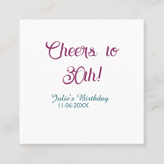 Cheers to 30th birthday name date mauve blue elega vierkante visitekaartje (Voorkant)