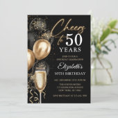Cheers To 50 Years Black and Gold Balloons Kaart (Staand voorkant)