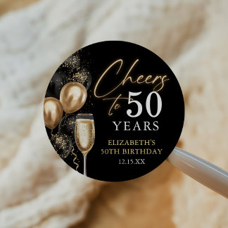 Cheers To 50 Years Black and Gold Balloons Ronde Sticker