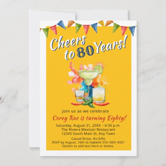 Cheers to 80 Years Modern 80th Birthday  Fiesta Kaart (Voorkant)