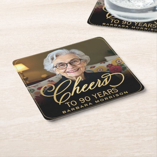 Cheers to 90 Years Birthday Photo Gold Black Kartonnen Onderzetters (Schuin)