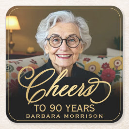 Cheers to 90 Years Birthday Photo Gold Black Kartonnen Onderzetters