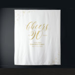 Cheers to 90 years, Gold 90th Birthday Party Wandkleed<br><div class="desc">This modern tapestry is perfect for a chic gold color theme 90th birthday party. Your guest will enjoy taking a foto with this sophisticated party backdrop and remember your special day. The design features golden typography " Cheers to 90 years " and sparkle graphics. You can personalize the name, event,...</div>