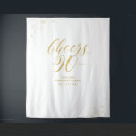 Cheers to 90 years, Gold 90th Birthday Party Wandkleed<br><div class="desc">This modern tapestry is perfect for a chic gold color theme 90th birthday party. Your guest will enjoy taking a foto with this sophisticated party backdrop and remember your special day. The design features golden typography " Cheers to 90 years " and sparkle graphics. You can personalize the name, event,...</div>