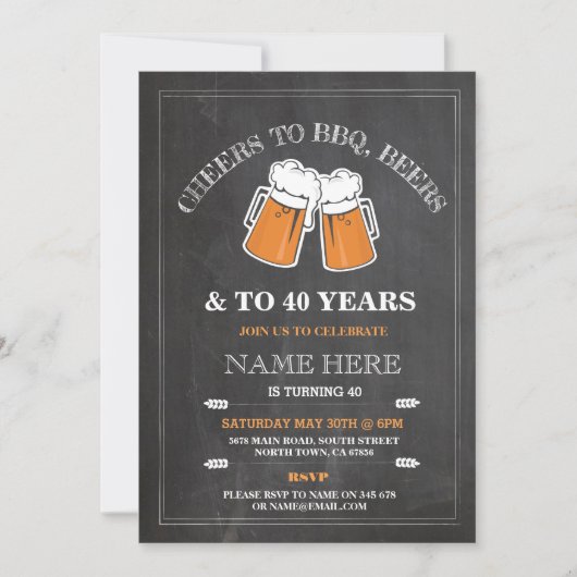 Cheers to BBQ, Beers Birthday Party Chalk Invite Kaart (Voorkant)