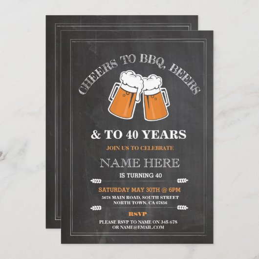 Cheers to BBQ, Beers Birthday Party Chalk Invite Kaart (Voorkant / Achterkant)