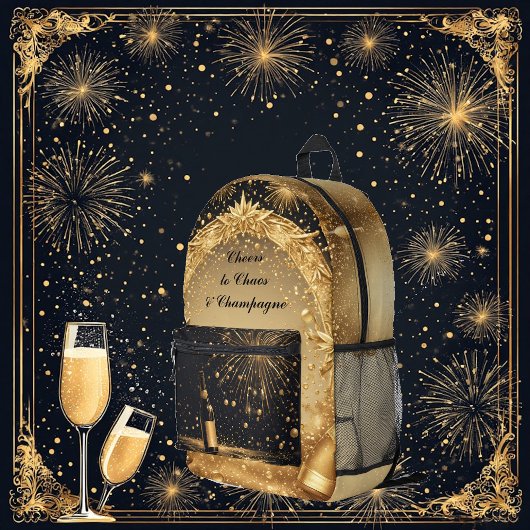 Cheers to Chaos & Champagne Midnight Gold New Year Bedrukte Rugzak