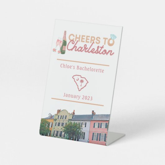 "Cheers to Charleston" Bach Party Sign. Reclamebord Met Voetstuk (Voorkant)