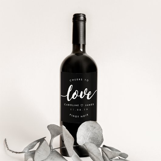 Cheers to Love Black and White Wedding Favor Wijn Etiket