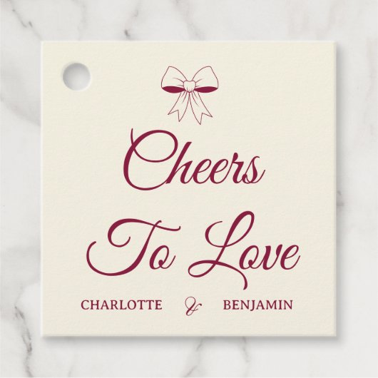 Cheers To Love Burgundy Script Ivory Bow Wedding Bedankjes Labels (Voorkant)