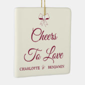 Cheers To Love Burgundy Script Ivory Bow Wedding Keramisch Ornament (Rechts)