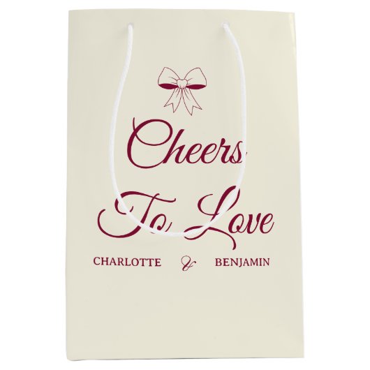 Cheers To Love Burgundy Script Ivory Bow Wedding Medium Cadeauzakje (Voorkant)
