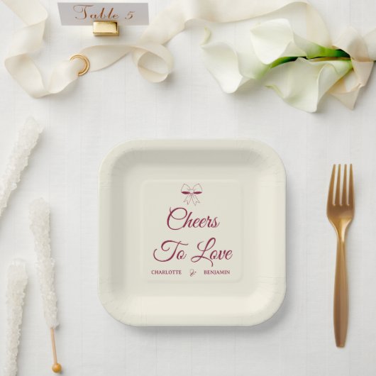 Cheers To Love Burgundy Script Ivory Bow Wedding Papieren Bordje (Huwelijk)
