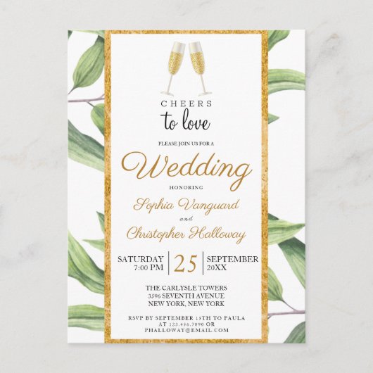 Cheers to Love Champagne Botanical Wedding Invite Briefkaart (Voorkant)