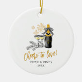 Cheers to Love Champagne Bottle Personalized Names Keramisch Ornament (Voorkant)