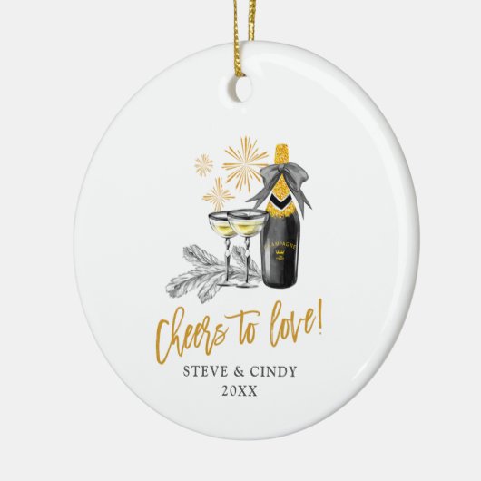 Cheers to Love Champagne Bottle Personalized Names Keramisch Ornament (Links)