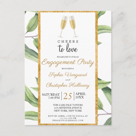 Cheers to Love Champagne Greenery Engagement Party Briefkaart (Voorkant)