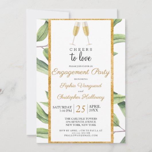 Cheers to Love Champagne Greenery Engagement Party Kaart (Voorkant)