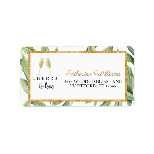 Cheers to Love Chic Champagne Botanical Wedding Etiket (Voorkant)
