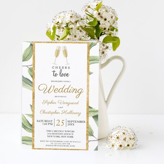 Cheers to Love Chic Champagne Botanical Wedding Kaart