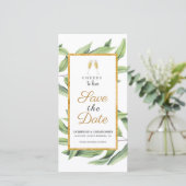 Cheers to Love Chic Champagne Botanical Wedding Save The Date (Staand voorkant)