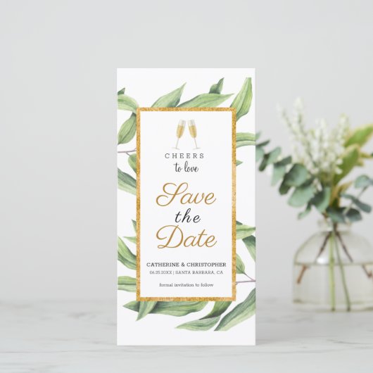 Cheers to Love Chic Champagne Botanical Wedding Save The Date (Staand voorkant)