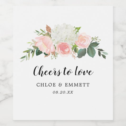 Cheers to Love Pink White Floral Wine Label Wijn Etiket (Enkel label)