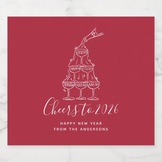 Cheers to New Years Party Modern Red Sparkling Wijnetiket (Enkel label)
