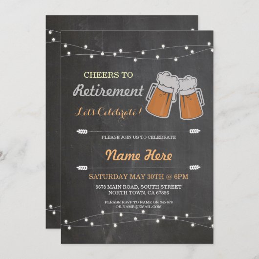 Cheers to Retirement Party Chalk Beers Invite Kaart (Voorkant / Achterkant)